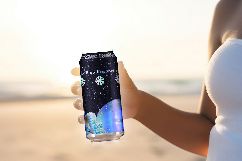 a hand holding a can of Icy Blue Raspberry on the beach