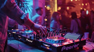 Person on a DJ with party in background