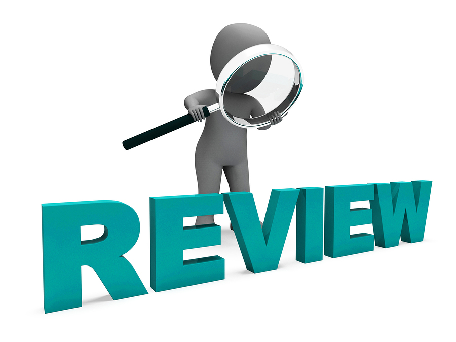 A figure folding a magnifying glass over the word Review