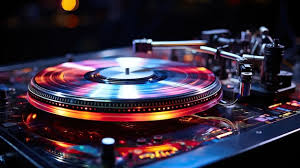 lights showing a colorful vinyl record on a dj turntable